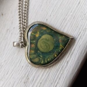 Abalone Silver Tone Heart Necklace w/Rose Image